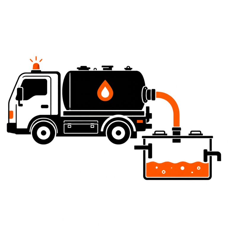 Ein Tankwagen pumpt orange Flüssigkeit in einen Behälter.